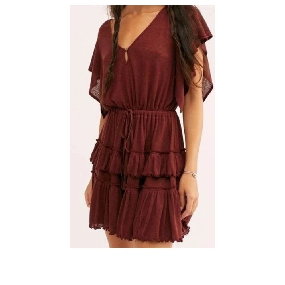 Free People Beach Burgundy Ruffle Mini Dress Flutter Sleeve Linen Blend Small